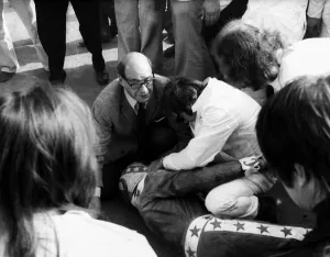 Evel Knievel American stuntman daredevil 1975 on ground after crashing