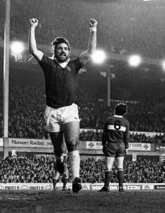 Everton forward Bob Latchford celebrates after scoring the opening goal during the League