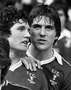 Two People Prints: Everton forward Bob Latchford and Mick Lyons show the strain at the end of the League Cup