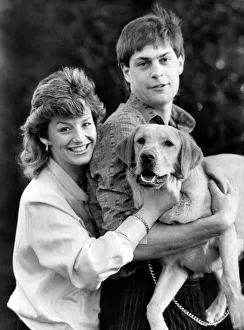 Everton goalkeeper Bobby Mimms with his wife Karen and their pet dog April 1986