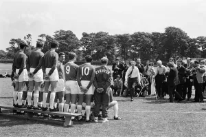 Everton squad pose for a group photograph at their annual photocall at their training