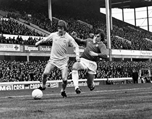 Everton V Leeds. Leeds attack. Allan Clarkes steers the ball past a determined challege