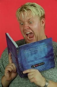 Ewan MacLeod TV Presenter Biteback pop music show readng book screaming nose ring wooly