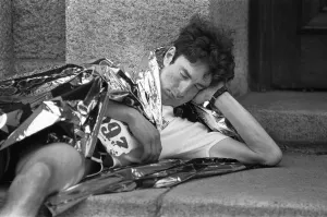 Sleeping Prints: Exhausted marathon runner tries to get 40 winks after completing the race 10th May 1987