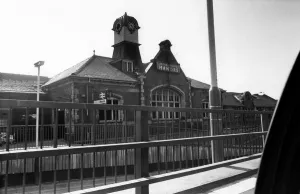 The exterior of the now derelict Manors Railway Station in Newcastle on 1st July 1985