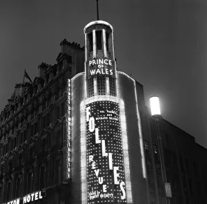 Night Scene Prints: Exterior view of the Prince of Wales Theatre in Londons West End. April 1958
