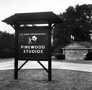 Sign Prints: Exterior view showing the sign at Pinewood film studios at Iver Heath, Buckinghamshire