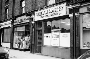1960slondon Prints: An exterior view of William Massey betting shop in Bethnal Green, London May 1961