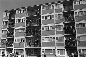 FA Cup Final 1964 Fans in Flats watch as the West Ham coach parades through East London