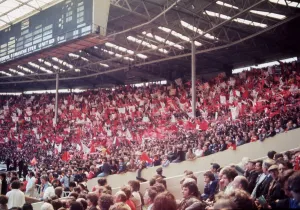 FA Cup Final 1977 football fans Liverpool v Manchester United supporters with banners