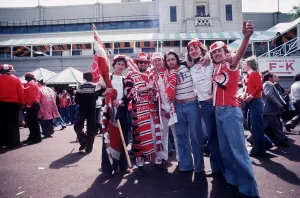 FA Cup Final 1977 Liverpool v Manchester United fans supporters scaves ahtts banners