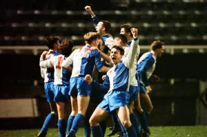 Facial Expressions Prints: FA Cup. Fulham 0 v. Hayes 2. Hayes players celebrate. 15th November 1991