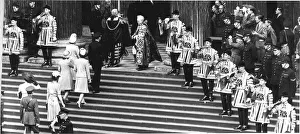 Fanfare ouside St Pauls Cathedral London as the Royal Family arrive for the Victory