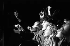 David Bowie Prints: Fans of David Bowie watch him on stage at the Birmingham NEC during the first leg of his