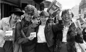 00446 Prints: Fans of Simple Minds, Rock Group, celebrate after managing to purchase tickets for their
