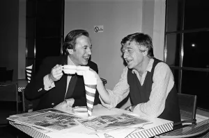 01098 Prints: Far from being tired are Breakfast TV AM presenters David Frost and Michael Parkinson