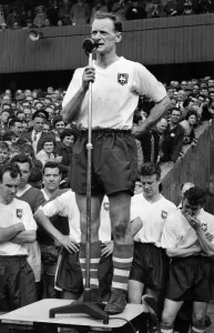 The farewell he thought was final. Tom Finney of Preston North End makes a speech