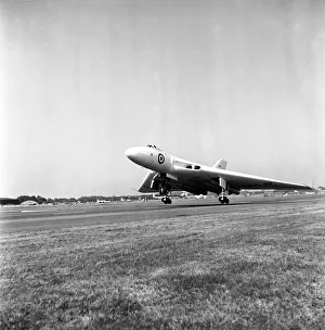 Air Shows Prints: Farnborough Airshow 1953. The Arro Vulcan delta wing atomic bomber taking off