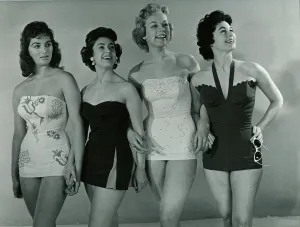 1950s Fashion Prints: Fashion 1950s Four models wearing swimwear / swimming costumes in a corset style