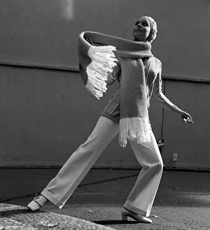 Cold Prints: Fashion ICI 1969 Lynne Evans in long cardigan jacket in Kingfisher