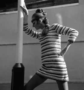 Stripes Prints: Fashion ICI 1969 Suzanne Gellard in cocktail dress with sequins in royal sapphire french