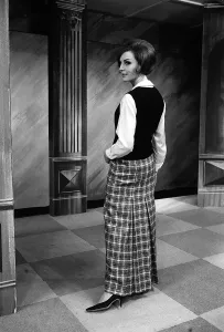 00197 Prints: Fashions taken during London Fashion Week 1964 Ankle length Plaid skirt with white