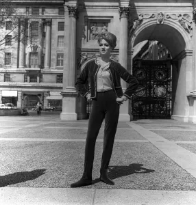 Fashions taken during London Fashion Week 1964 Long tight velvet trousers with