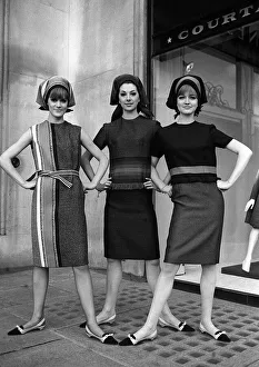 1960s Fashion Prints: Fashions taken during London Fashion Week 1964 Three women wearing striped dresses