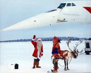 Winter Prints: Father Christmas and his reindeer greets Concorde upon its arrival at Rovaniemi In
