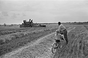 Agriculture Prints: Father and daughter out for a Sunday bike ride watches the farmers of Stansted gather in