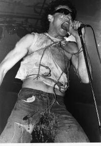 Fee Waybill pop singer with punk glam group The Tubes Singing on stage
