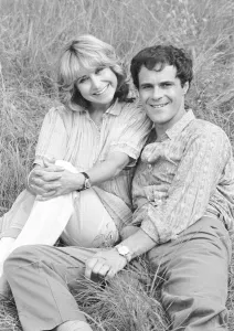 Felicity Kendal from the TV programme Solo July 1982 sitting in grass with screen