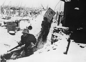 01452 Prints: FFI patrol of 1st French Army carries a caricature of Hitler away from a Rhine River