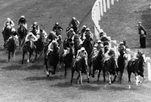 00168 Prints: The field at Tattenham Corner, with eventual winner of the Derby Sea Bird at Epsom - June
