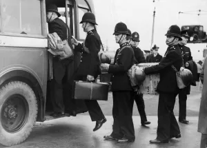 Guard Prints: Fifty Metropolitan Police who arrived on the Isle Of Man to act as wardens at the fascist