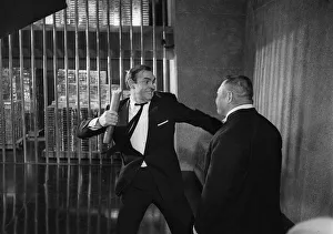 Film Goldfinger 1964 Sean Connery as James Bond 007 fighting with Goldfinger
