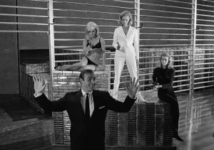 On Set Prints: Film Goldfinger 1964 Sean Connery as James Bond 007 poses with Bond girls Honor Blackman