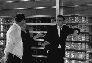 Film Goldfinger 1964 Sean Connery as James Bond 007 receives instuction from the director