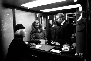 Film legend Michael Caine in Godrey Davies car hire office in Newcastle Central Station