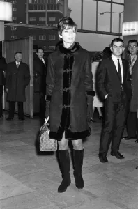 Tights Prints: Film star Audrey Hepburn pictured at Heathrow Airport before leaving for her home in