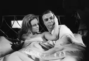 Film Thunderball 1965 Sean Connery and Luciana Paluzzi Filming bed scene James Bond