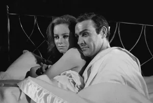Film Thunderball 1965 Sean Connery and Luciana Paluzzi Filming bed scene James Bond