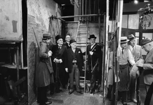 Filming of the BBC television series Dads Army showing a scene in the episode