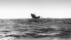 00434 Prints: The final moments of an allied cargo ship after she had been torpedoed by a German U-Boat