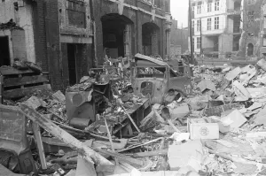 Fire appliances, hoses and ladders buried under debris at Carreras Tobacco Company