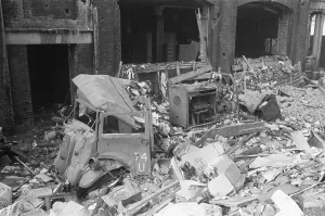 Fire appliances, hoses and ladders buried under debris at Carreras Tobacco Company