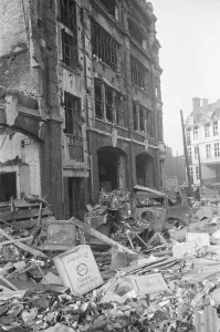 Fire appliances, hoses and ladders buried under debris at Carreras Tobacco Company