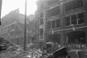 Fire appliances, hoses and ladders buried under debris at Carreras Tobacco Company