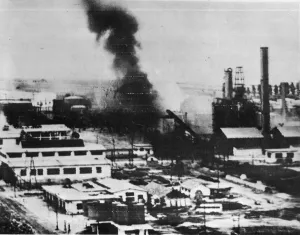 Explosion Prints: Fire burning at the Creditual Minier plant in Romania after a 9th Airforce