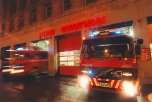 Firefighter Prints: Fire engines rush out of Pilgrim Street fire station in Newcastle on an emergency call